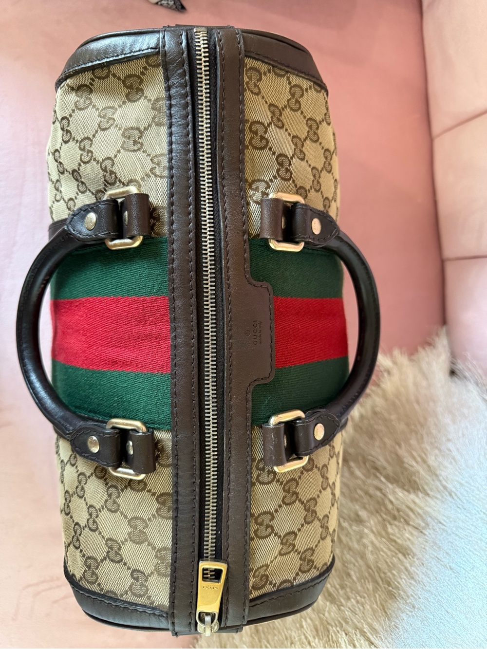 💯Auth! GUCCI Mono Canvas Boston Bag Green & Red Web Sherry Stripe Gold Hardware - Picture 6 of 17